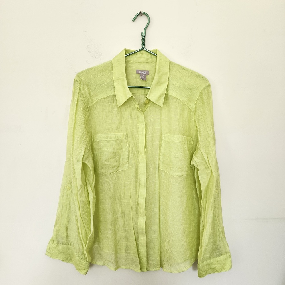 Chicos Lime Green Textured Button Down Shirt Roll Tab Sleeve Size 3 XL Preppy